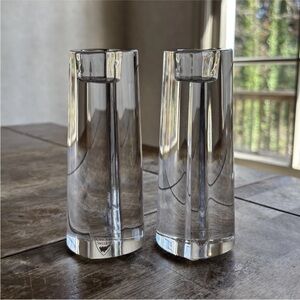Orrefors Crystal Heart Top Candlesticks Pair Swedish Modern Glass Candle Holders